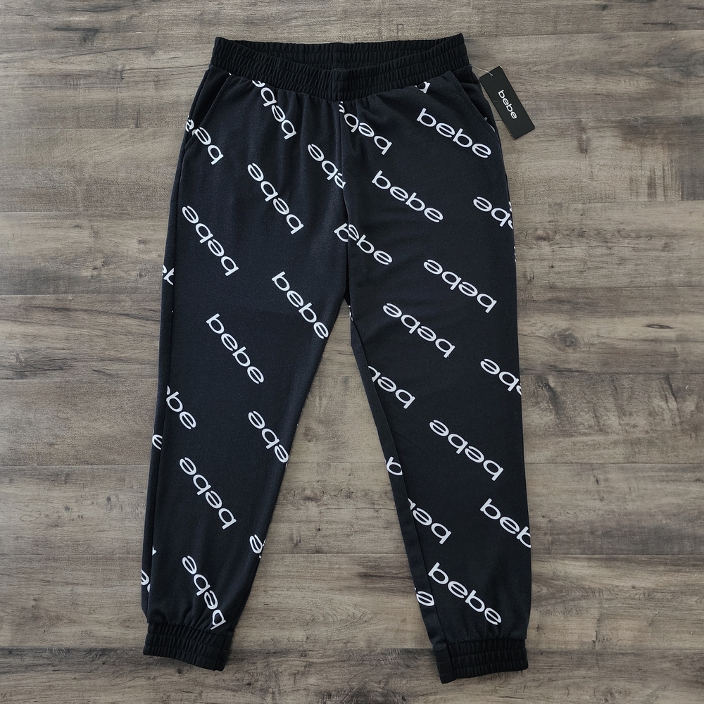 Bebe Jogger Pant Large Black White Logo Print NWT Women's